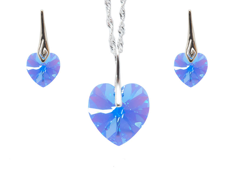 Set Akvamarin severni sij - ogrlica in uhani Kristalno srce s kristali Swarovski®